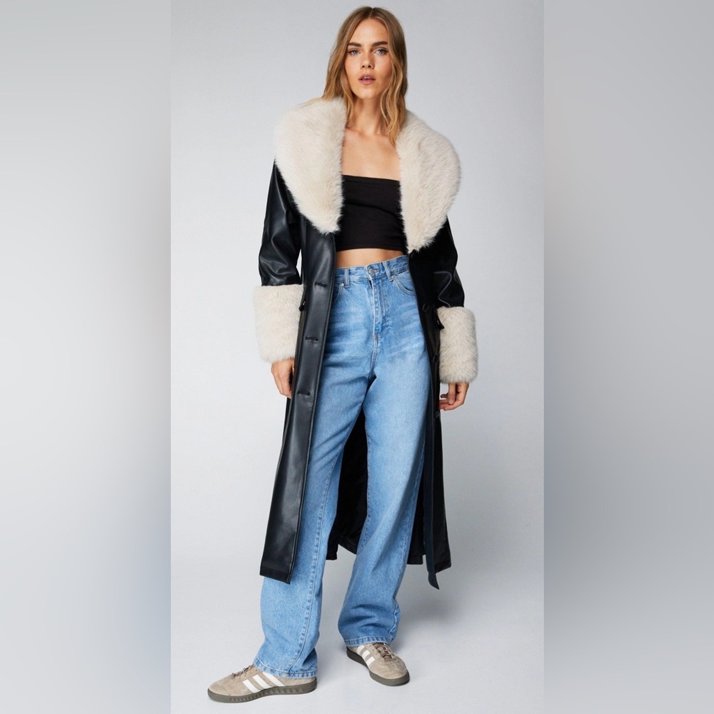 Nasty Gal Faux Fur Trim Faux Leather TrenchCoat Black size XL